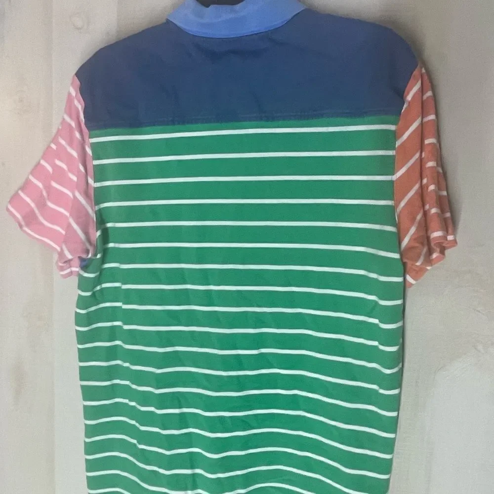 Vineyard Vines blue green‎ pink white shirt sleeve striped polo shirt, medium